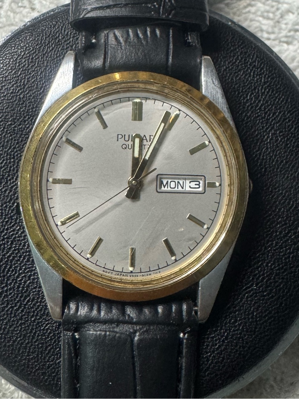 Pulsar Two-Tone Silver Dial Watch with Gold Bezel and Black Strap